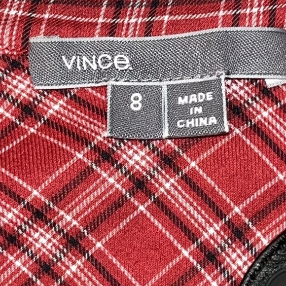 VINCE RED BLACK Plaid long tunic Shirt Leather Band Collar Button Up, Pockets, M - Picture 4 of 10